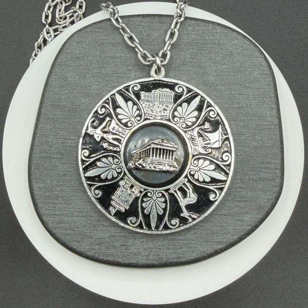 Greek Revival Parthenon Medallion Necklace Silver Tone Black Enamel Statement